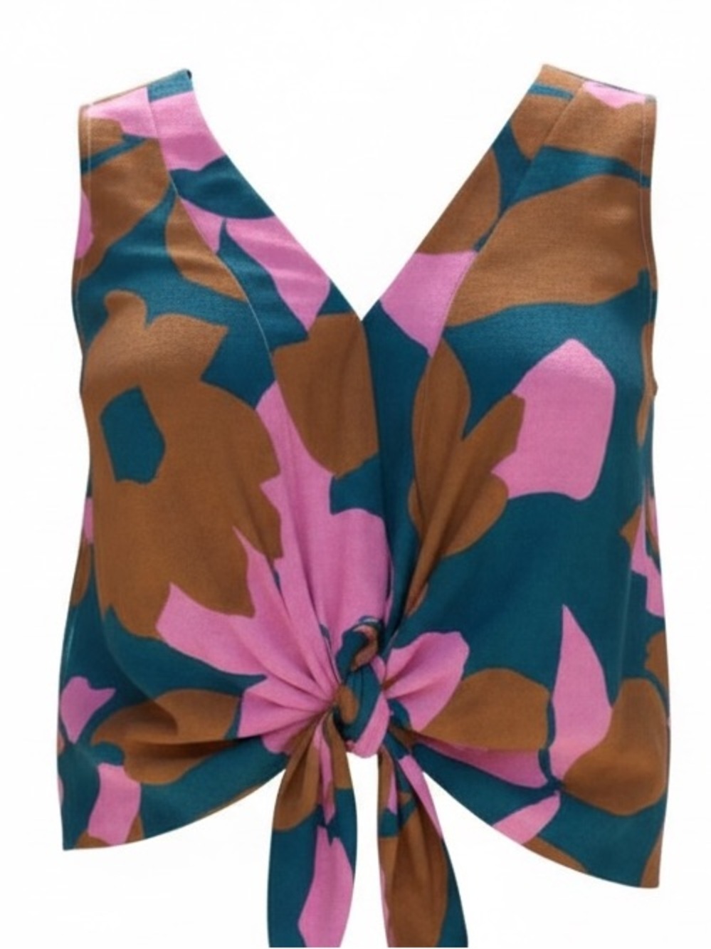 Allison Joy Floral Tie-Front Sleeveless Top in Teal/Pink/Brown size XL